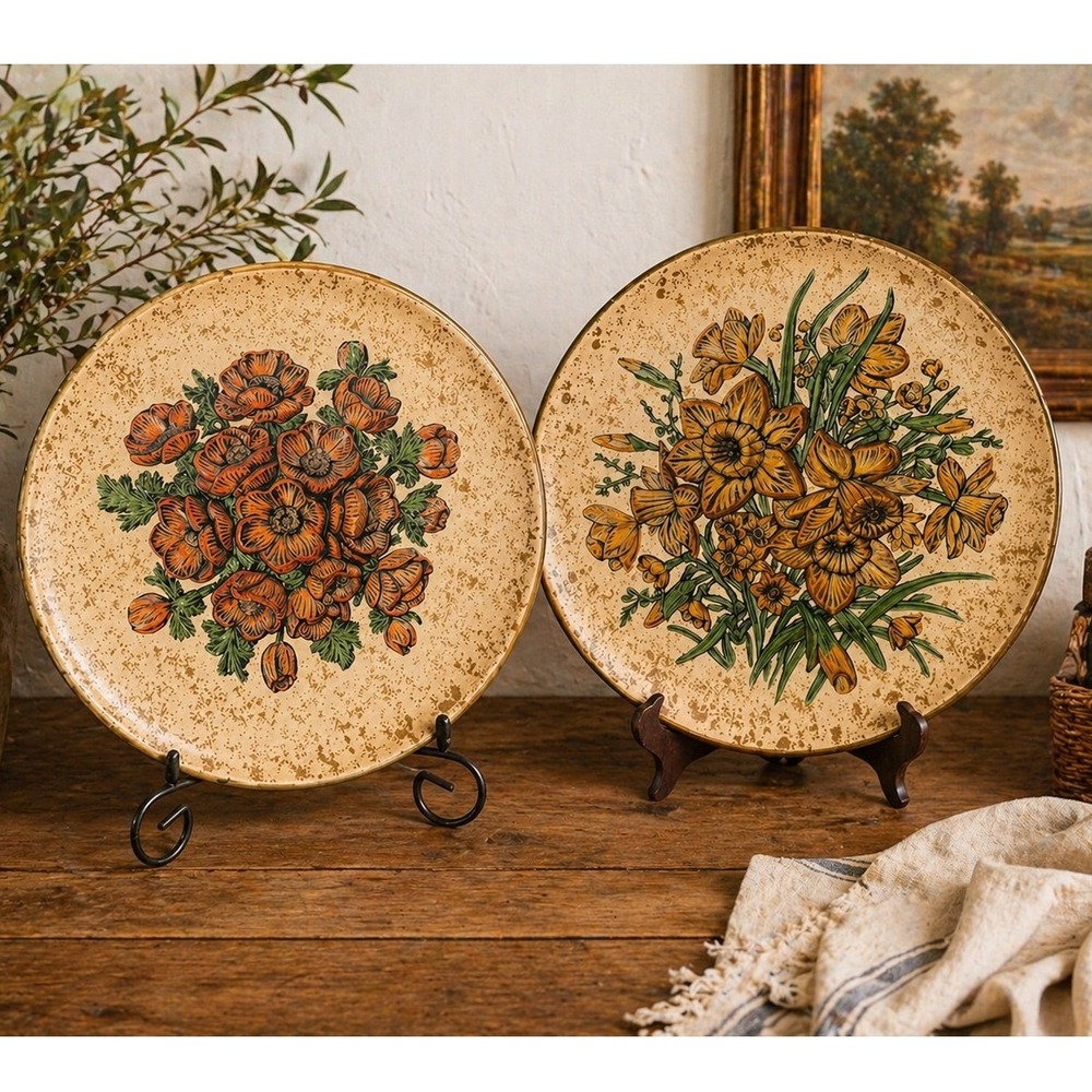 2 Vintage Large 3D Floral Wall Hanging Plates Poppies Daffodils Mid Century MCM